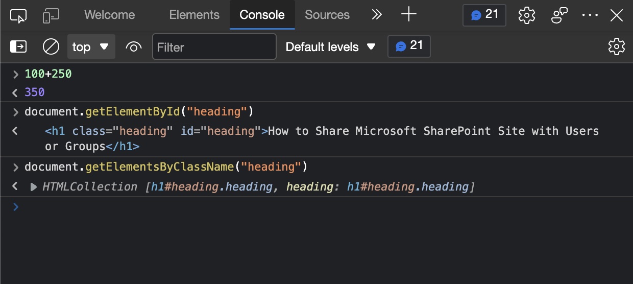 Microsoft Edge Console JavaScript REPL Examples